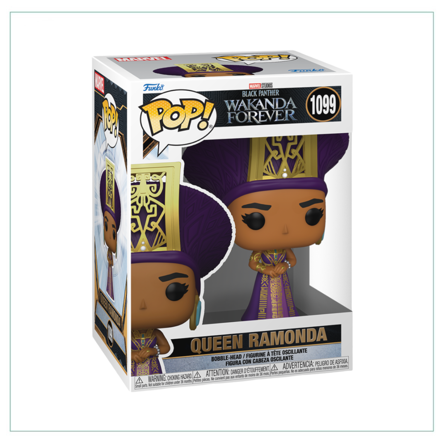 Queen Ramonda Funko Pop! #1099, representing her character from Wakanda Forever with intricate details and vibrant colors.