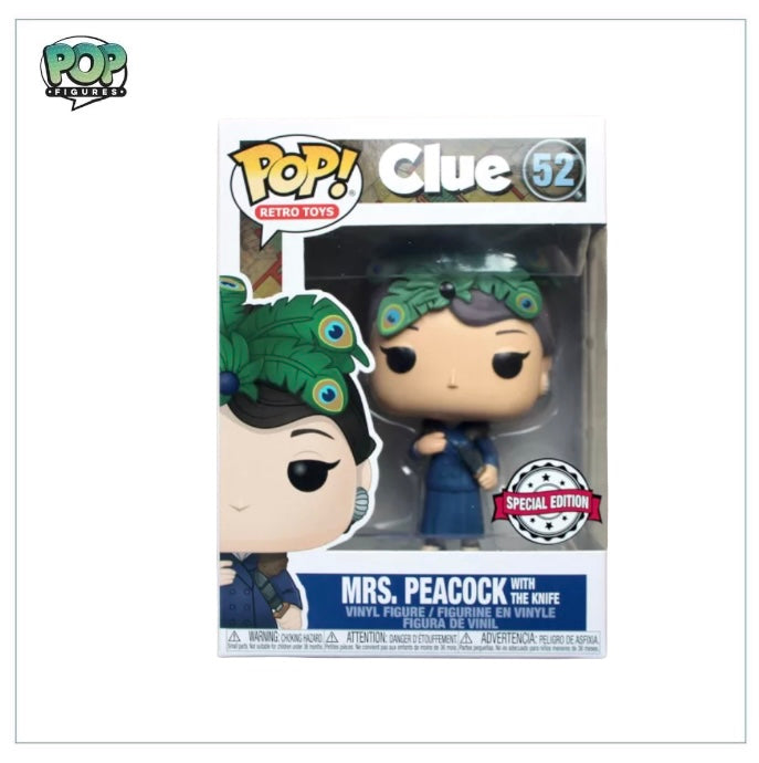 Special Edition Pop Vinyl #52 of Mrs. Peacock from Clue, holding a knife, showcasing retro toy design and vibrant colors.
