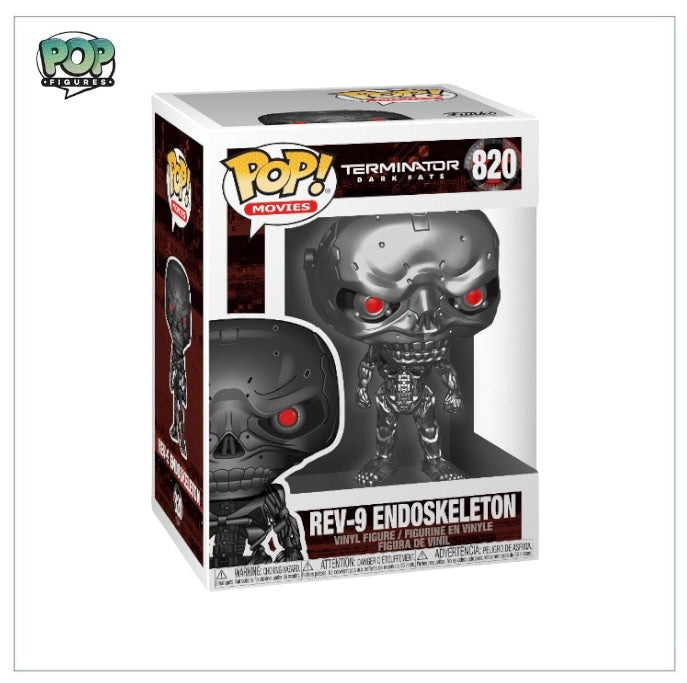 Rev-9 Endoskeleton #820 Funko Pop! from Terminator: Dark Fate, featuring a sleek design of the iconic robotic character.