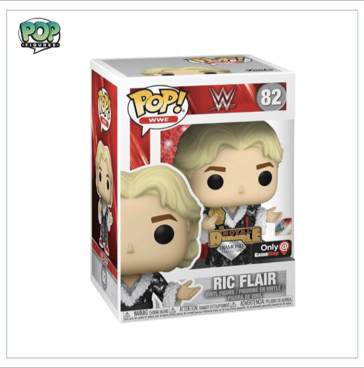 Funko Pop! WWE Ric Flair with pin, Diamond Collection #82, a GameStop exclusive collectible figure showcasing the wrestling legend.