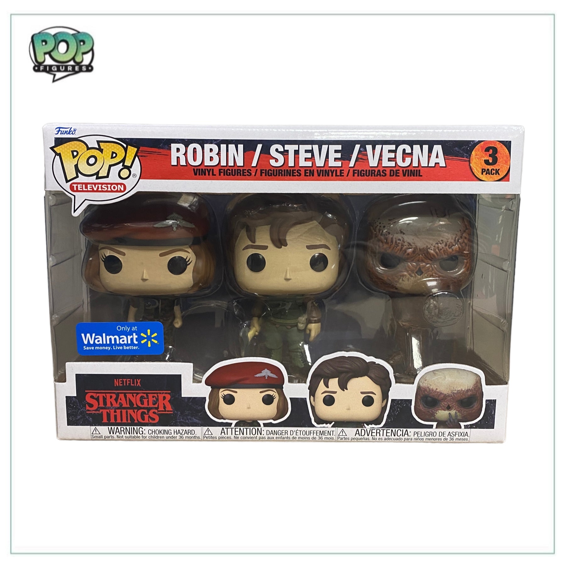 Walmart exclusive Funko Pop! Deluxe 3 Pack with Robin, Steve, and Vecna from Stranger Things, perfect for collectors!
