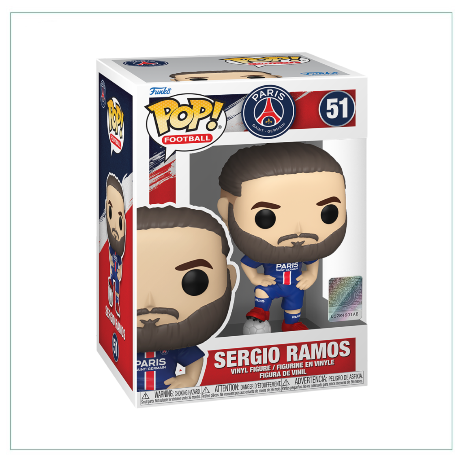 Funko Pop! figure of Sergio Ramos wearing jersey #51, showcasing his football skills and iconic style.