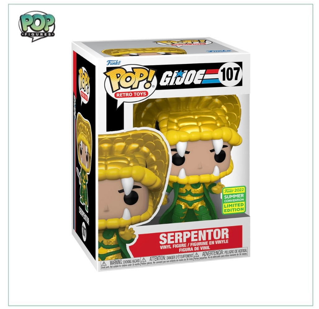 Serpentor #107 Funko Pop! from Retro Toys, a 2022 SDCC shared exclusive, showcasing a colorful and nostalgic character design.