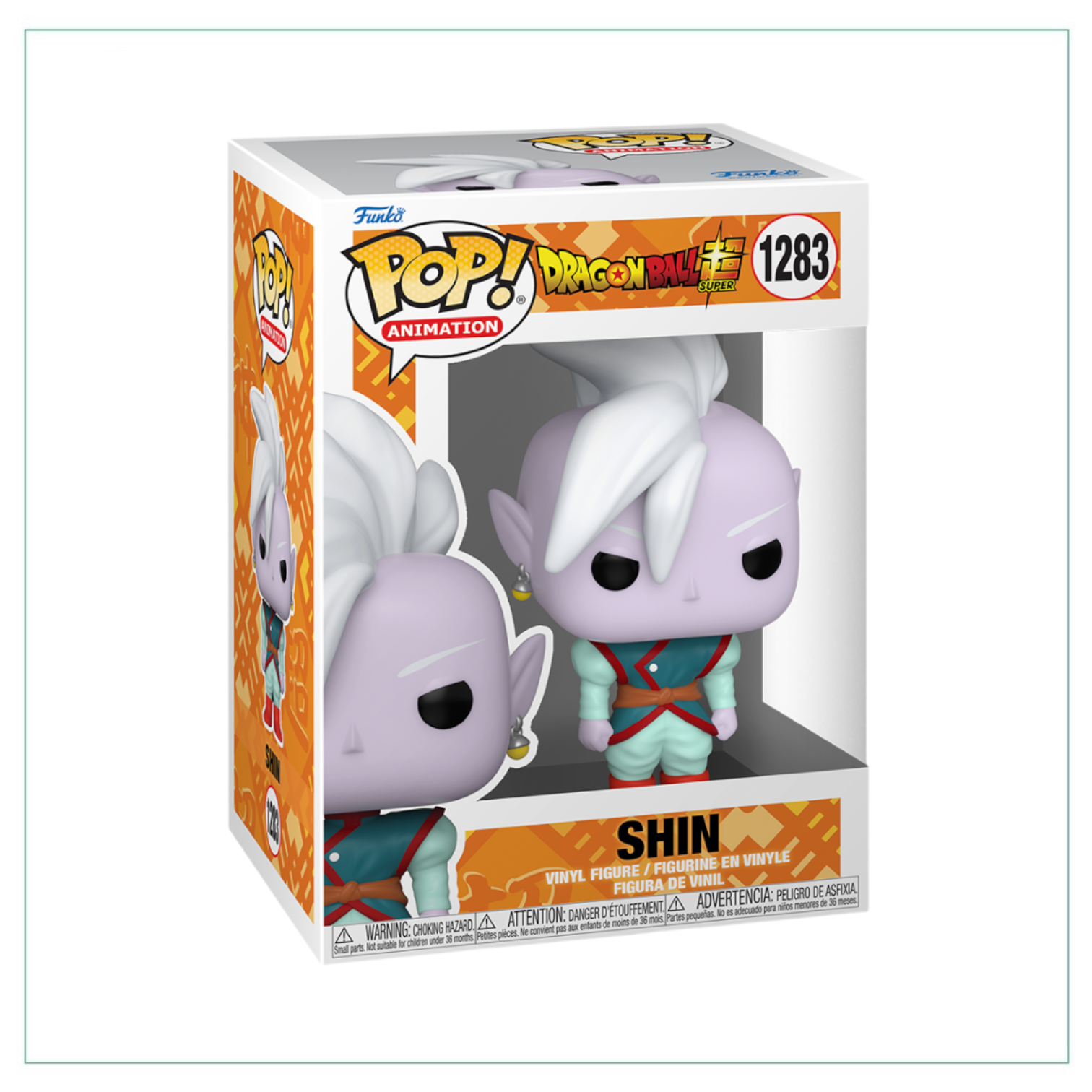 Funko Pop! figure of Shin #1283 from Dragon Ball Z, featuring a stylized design of the character in vibrant colors.