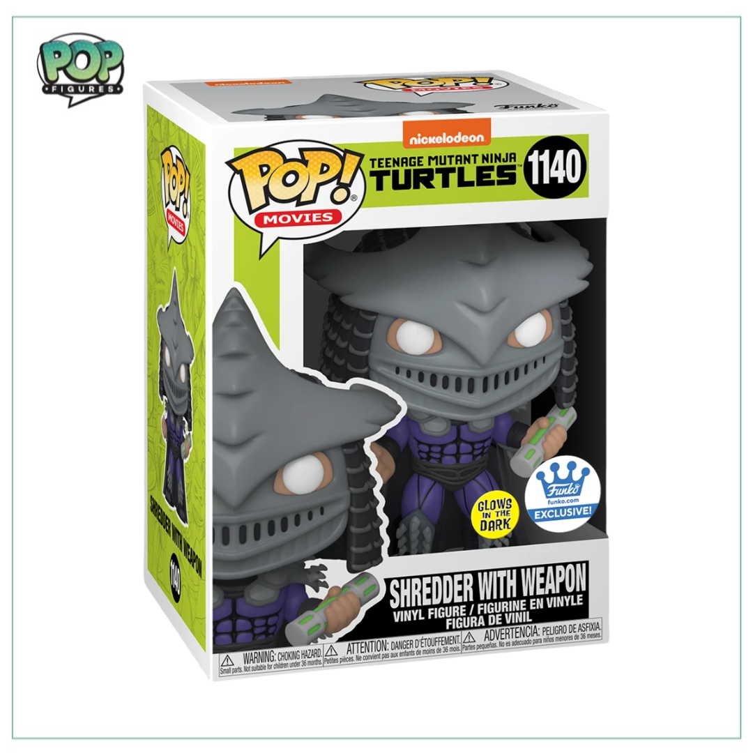 Shredder with Weapon #1140 Funko Pop! glows in the dark, featuring Teenage Mutant Ninja Turtles, exclusive to Funko Shop.