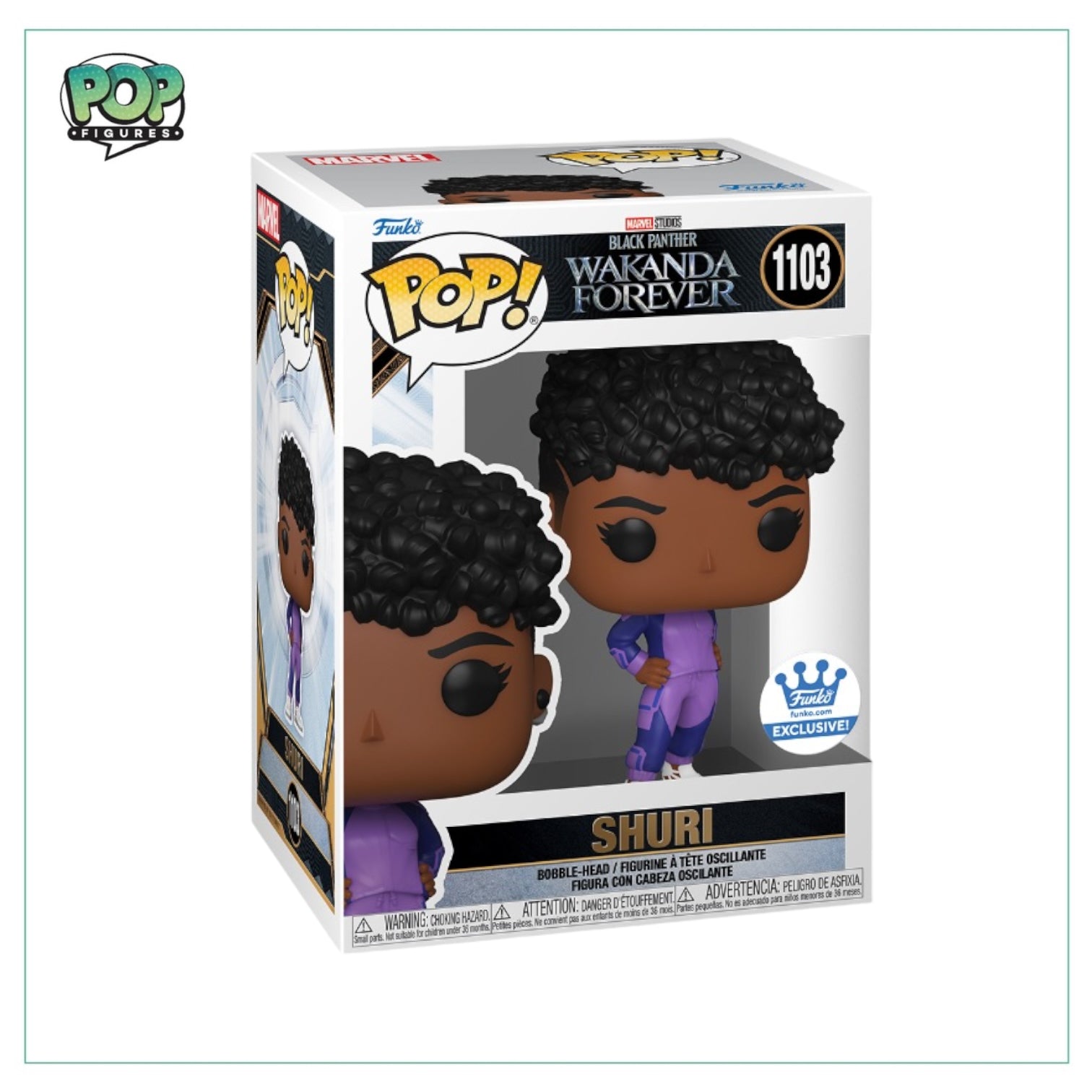 Shuri #1103 Funko Pop figure from Wakanda Forever, featuring her in a vibrant outfit, exclusive to Funko Shop.