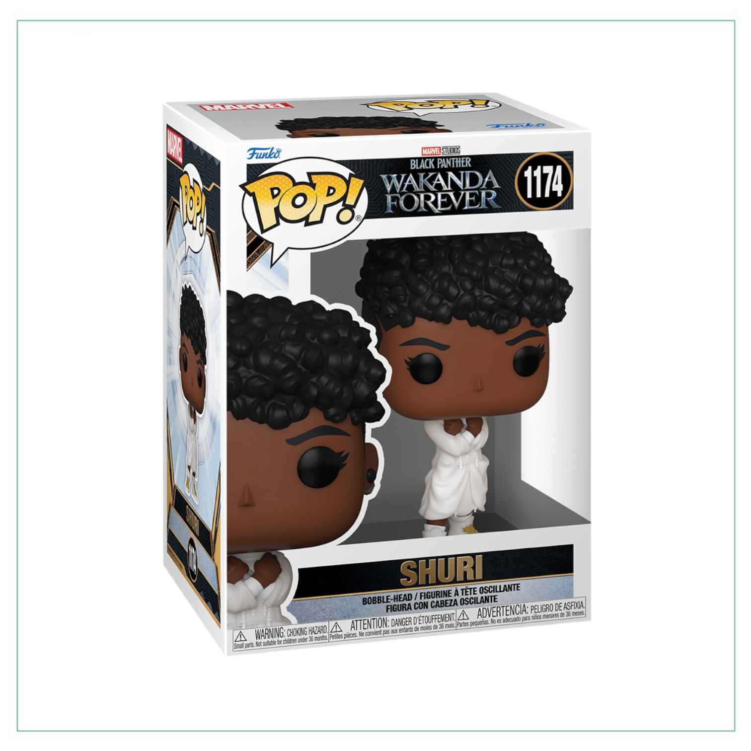Shuri #1174 Funko Pop! figure from Wakanda Forever, showcasing her vibrant costume and confident pose.