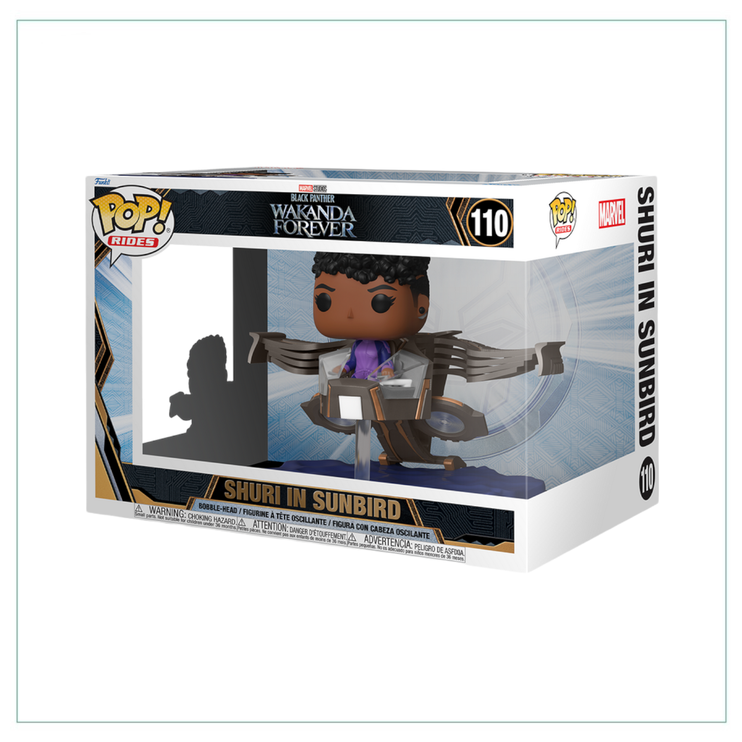Funko Pop! Rides figure of Shuri from Sunbird #110, showcasing her design from the film Wakanda Forever.