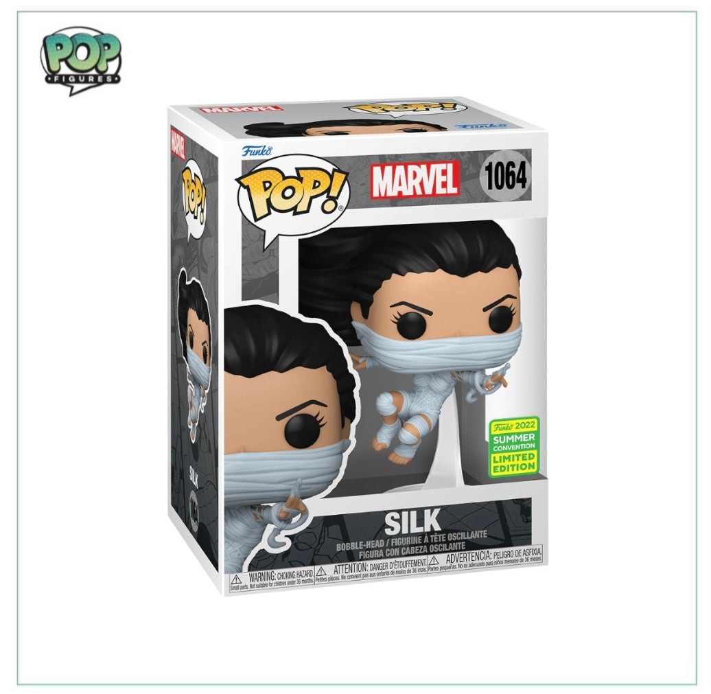 Marvel's Silk #1064 Funko Pop! figure, a 2022 SDCC shared exclusive, showcasing her vibrant costume and dynamic stance.