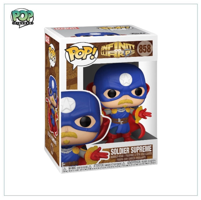 Funko Pop! Soldier Supreme #858, a collectible figure of a superhero in a vibrant blue and red outfit with a shield.