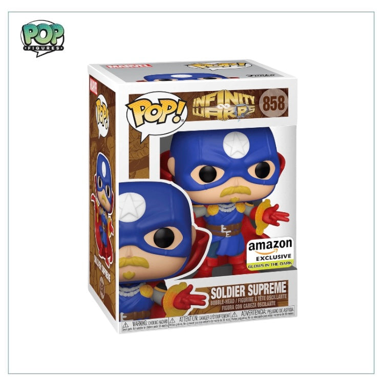 Soldier Supreme (Glow In The Dark) #858 Funko Pop! from Infinity Warps, an Amazon exclusive with a striking glow feature.