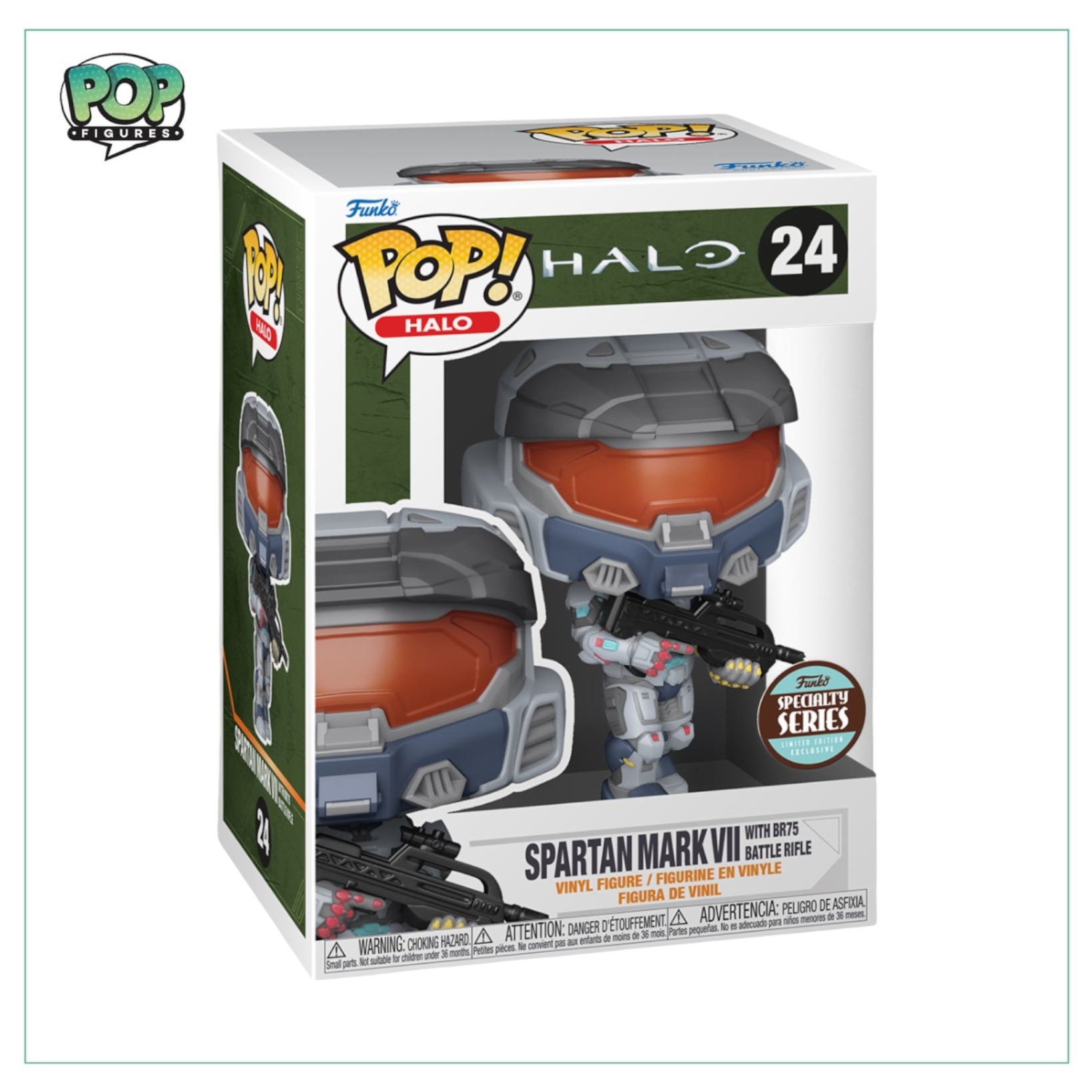 Funko Pop! Spartan Mark VII from Halo Infinite, holding weapon #24, part of the Specialty Series collectible line.
