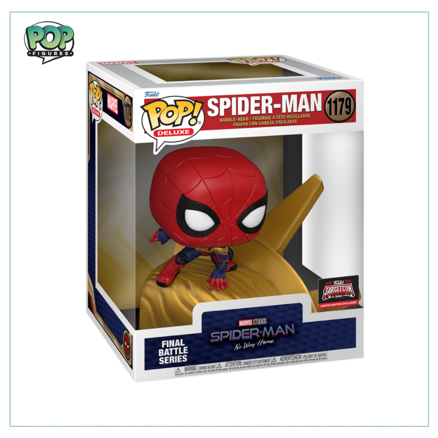 Spider-Man #1179 6" Deluxe Funko Pop! figure from No Way Home, exclusive to Target Con 2023, showcasing Spider-Man in action.