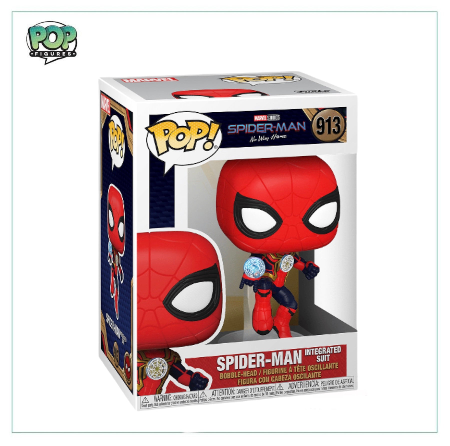 Funko Pop! figure of Spider-Man in his Integrated Suit #913, featuring detailed design and bright colors.