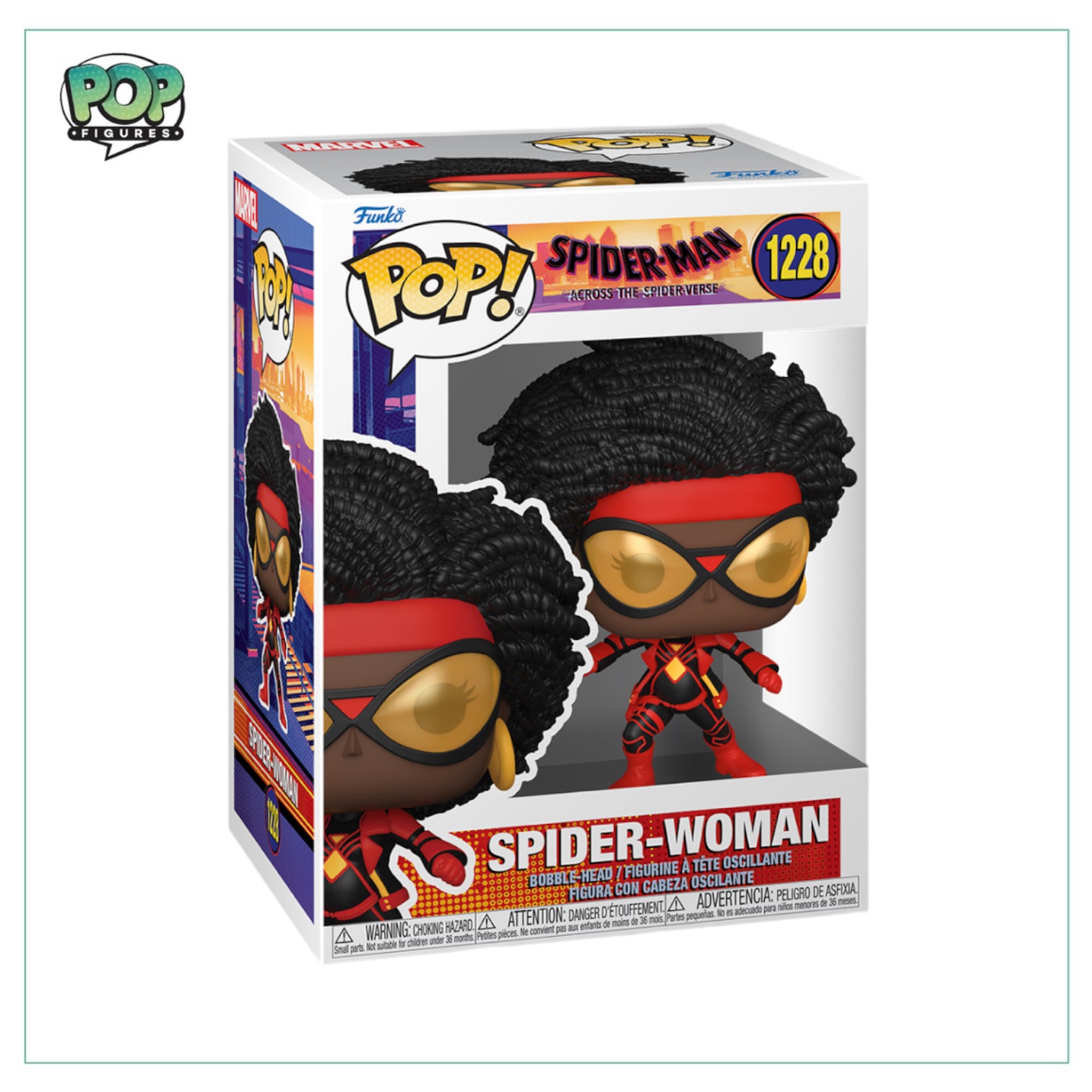 Spider-Woman Funko Pop! figure, inspired by Spider-Man: Across the Spider-Verse, showcasing her vibrant design and details.
