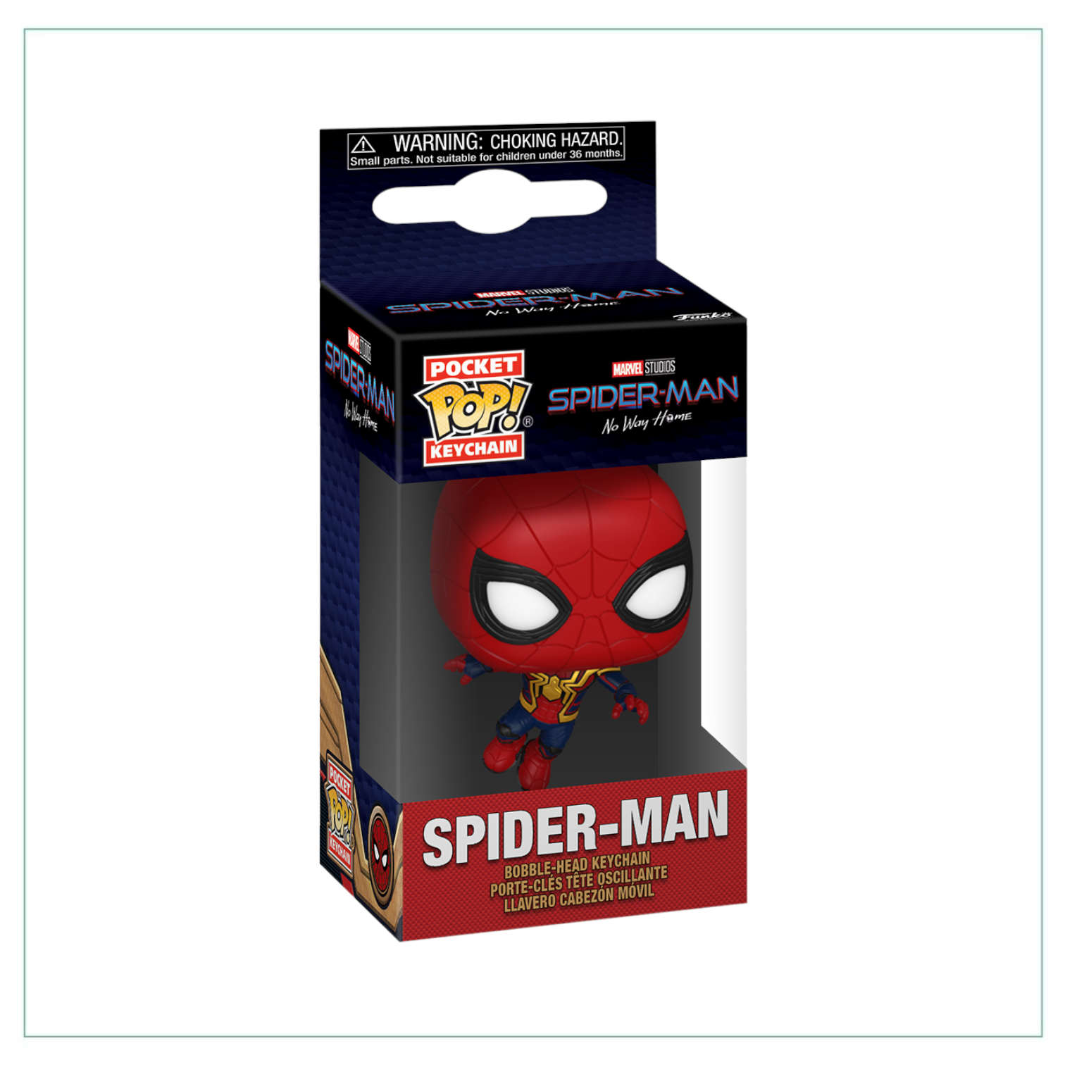 Spider-Man Funko Pocket Pop! keychain inspired by No Way Home, showing Spider-Man in his iconic red and blue costume.