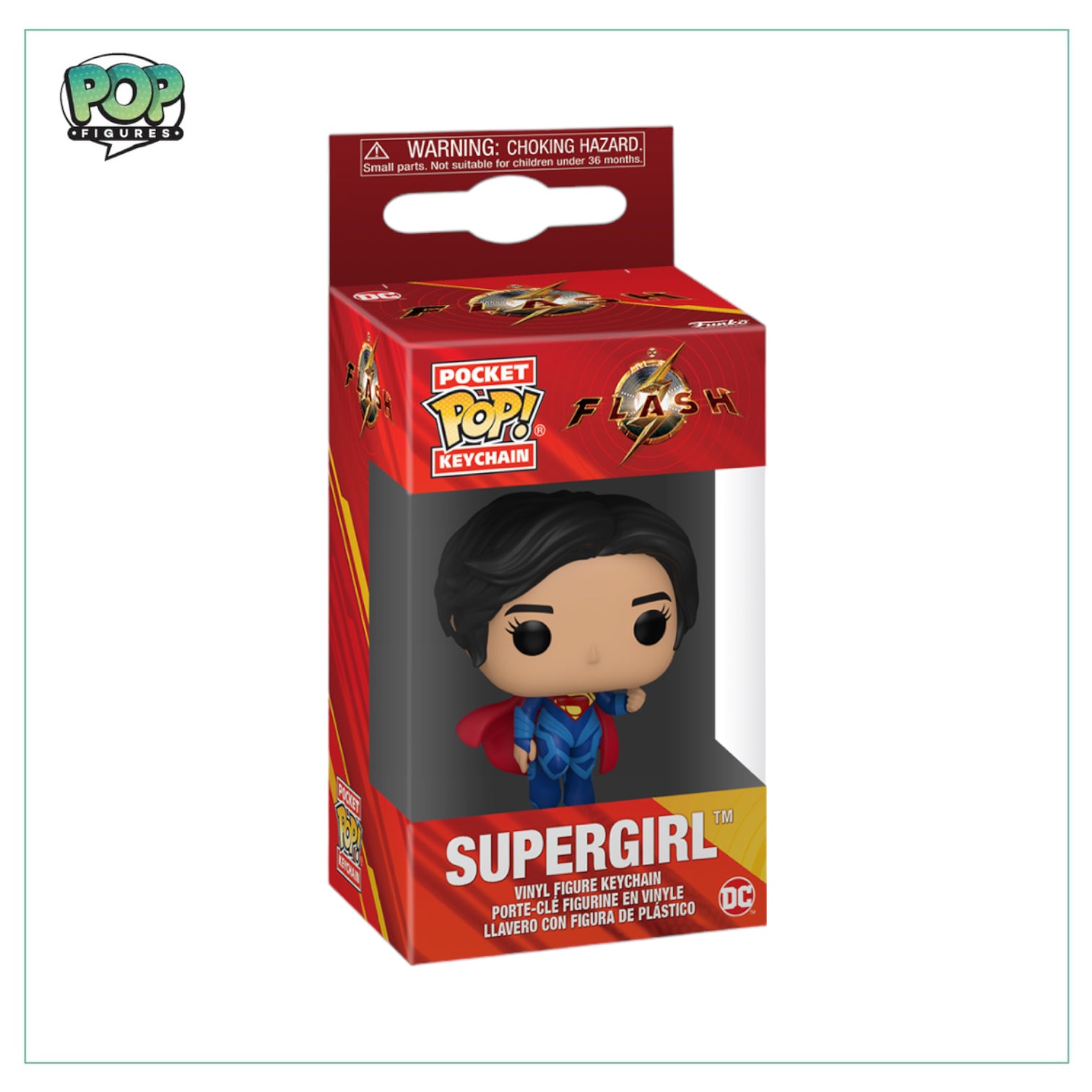 Supergirl keychain from Funko Pocket Pop!, showing her in a dynamic pose, with The Flash symbol nearby.