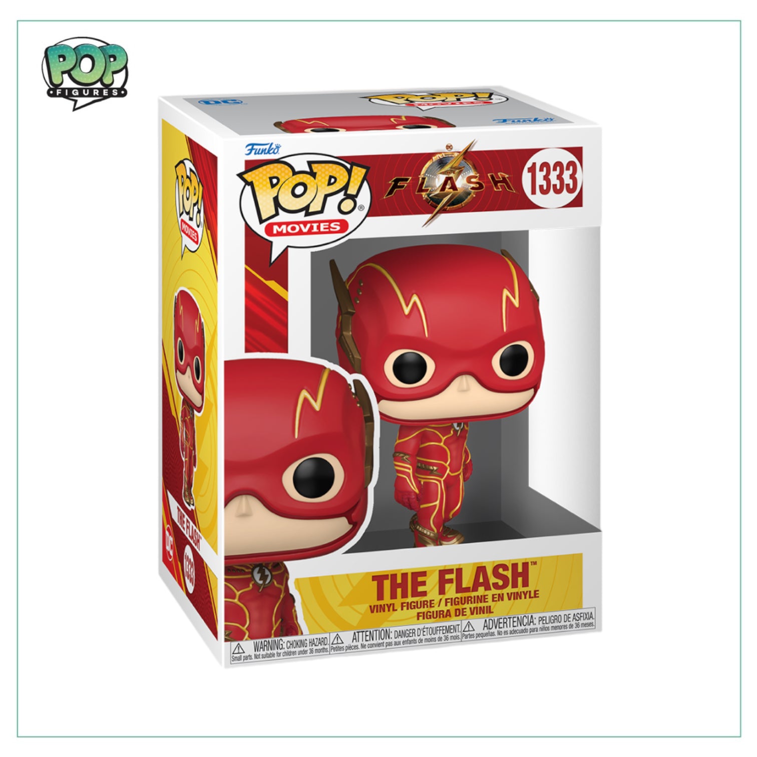 Funko Pop! figure of The Flash #1333, featuring the superhero in a red suit with a lightning bolt emblem.