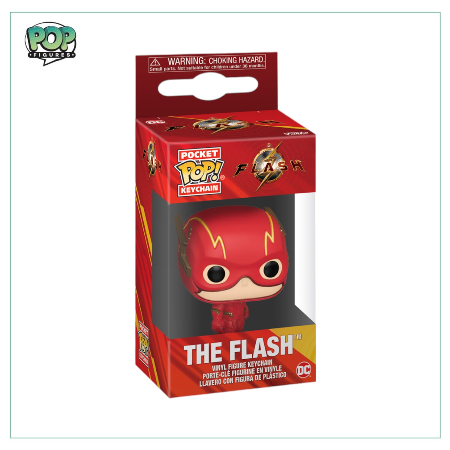 Funko Pocket Pop! keychain of The Flash, featuring the character in a dynamic pose with a bright red costume and lightning bolt logo.