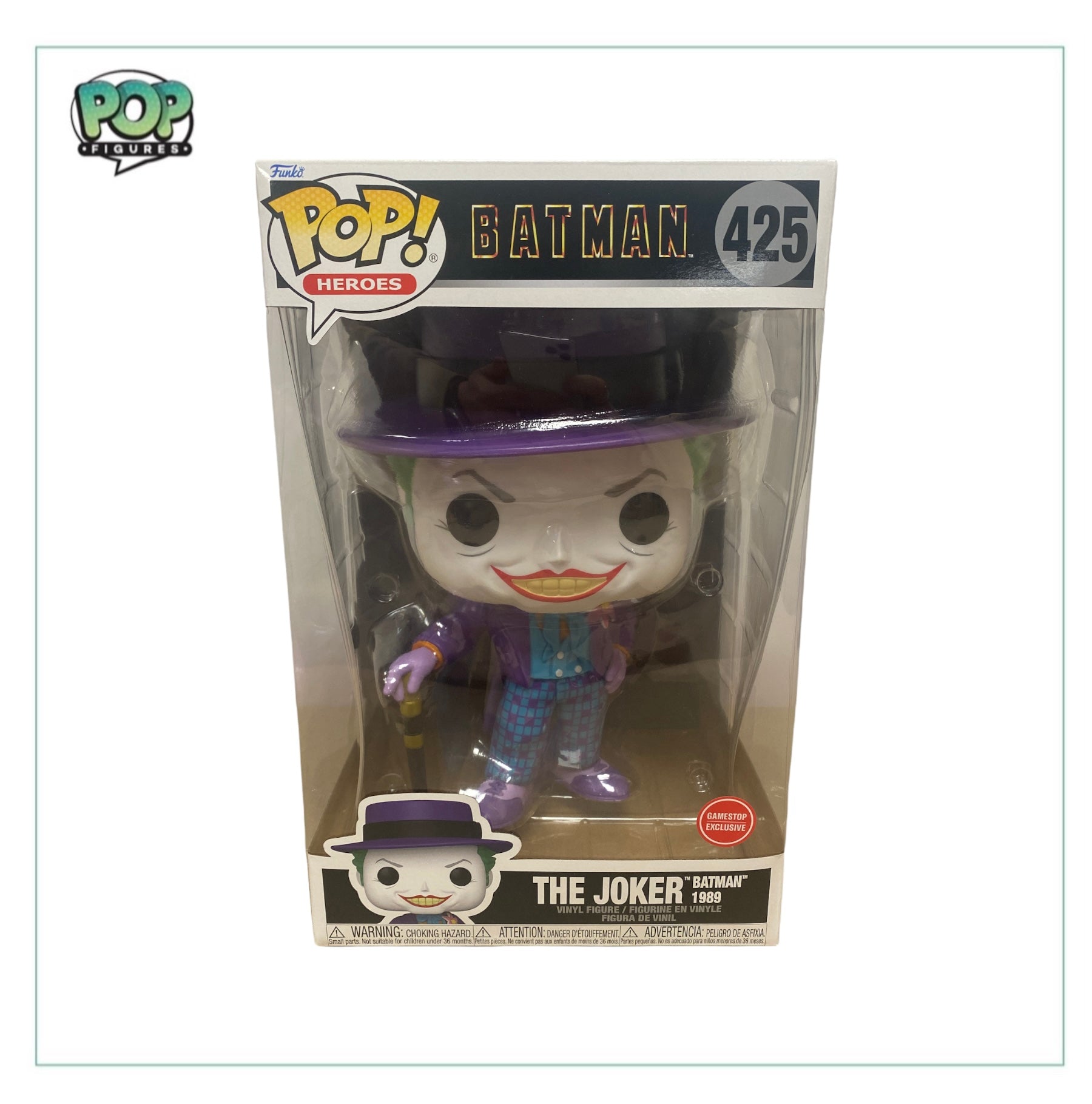 Funko Pop! figure of The Joker from Batman 1989, 10 inches tall, exclusive to GameStop, featuring vibrant colors and details.