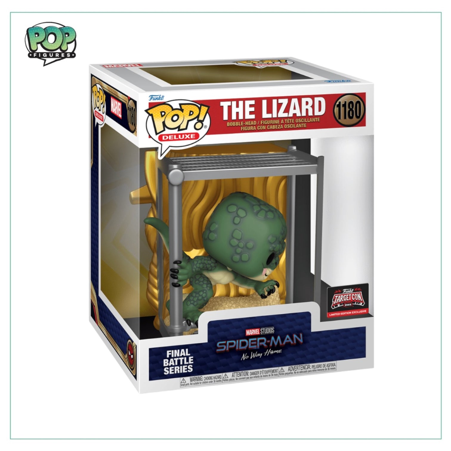 Funko Pop! figure of Lizard from Spider-Man No Way Home, 6 inches tall, Target Con 2023 exclusive edition.
