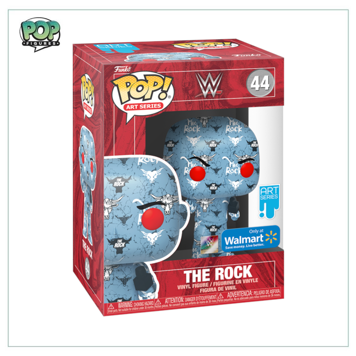 Funko Pop! of The Rock #44 from WWE, part of the Artist Series, exclusive to Walmart, showcasing his iconic wrestling persona.