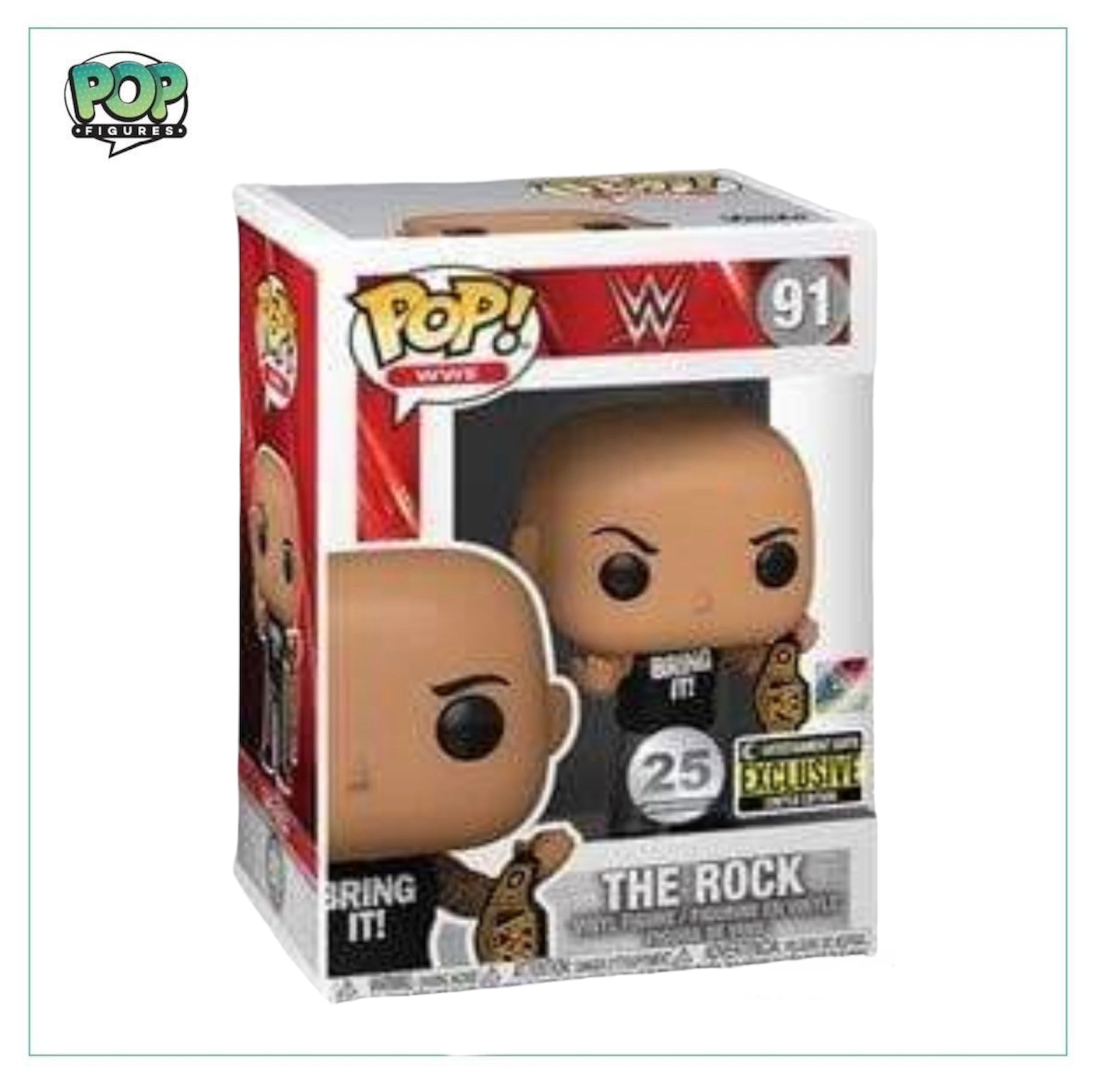 Entertainment Earth exclusive Funko Pop! WWE #91 featuring The Rock, capturing his signature look in a collectible figure.