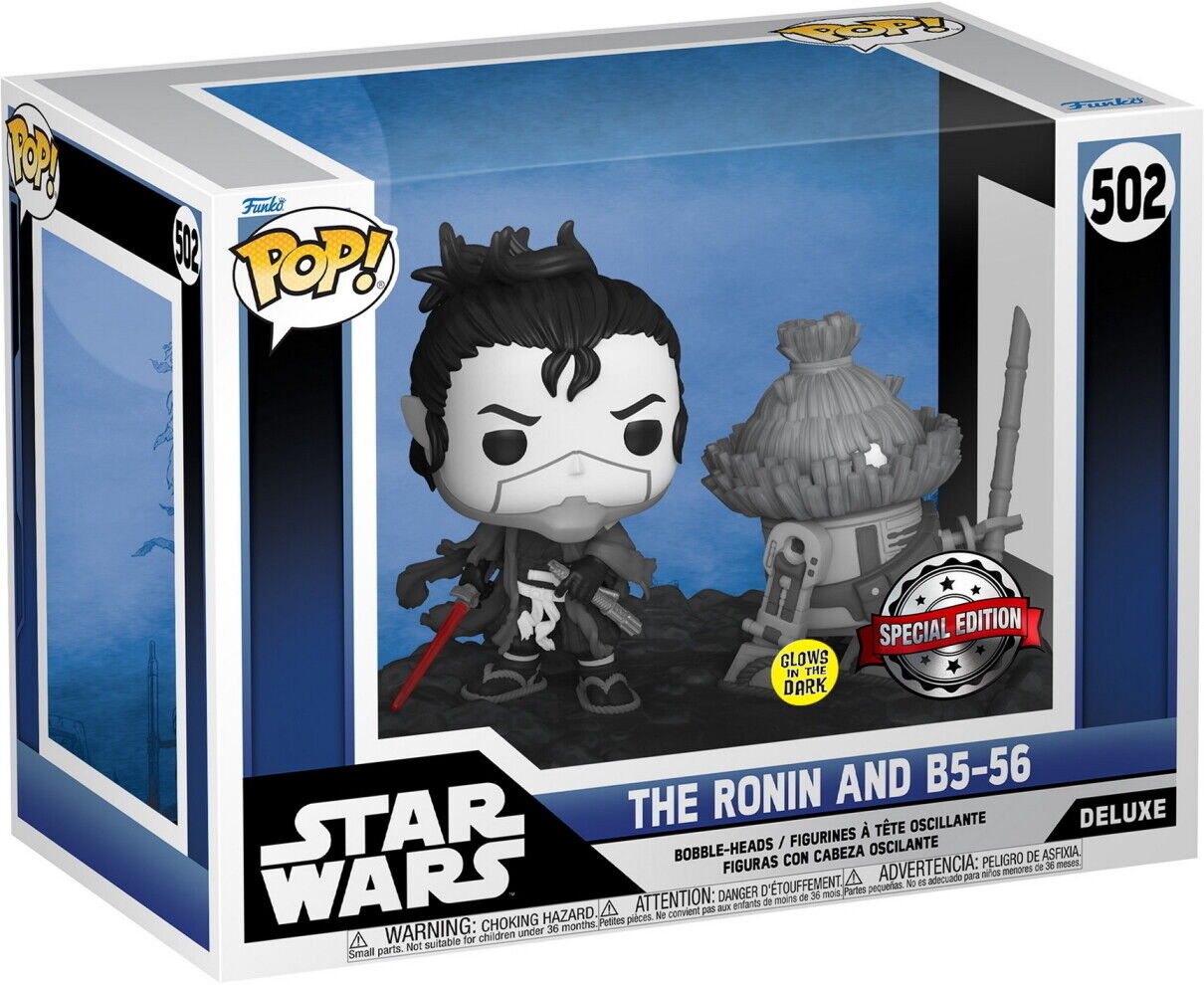 Funko Pop! of Ronin and B5-56 from Star Wars: Visions, glowing in the dark, special edition #502 collectible figure.