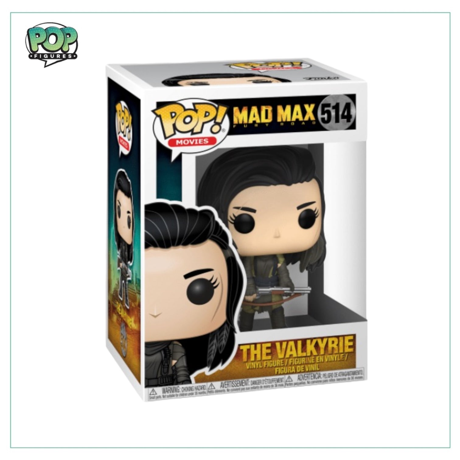 Funko Pop! figure of Valkyrie #514 from Mad Max: Fury Road, showcasing her fierce expression and iconic battle attire.