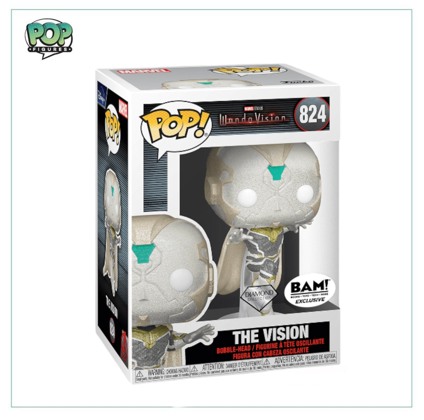 Diamond Collection Funko Pop! of Vision from WandaVision, exclusive to BAM, featuring item number #824.