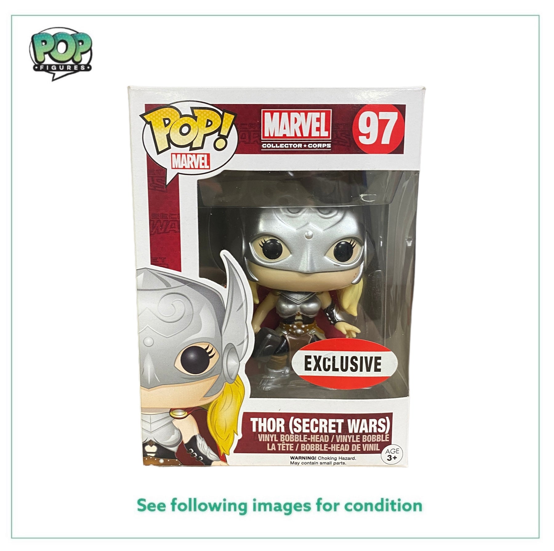 Thor (Secret Wars) #97 Funko Pop! - Marvel Collector Corps Exclusive, rated 8.5/10, featuring a detailed Thor figure.