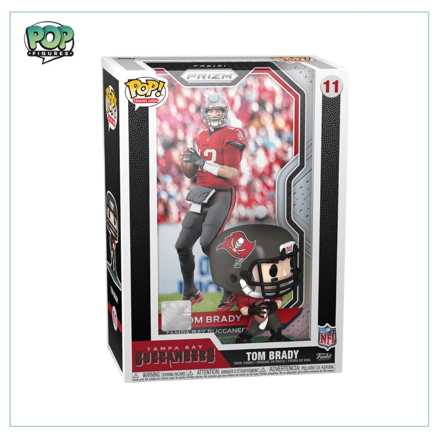 NFL-themed album featuring Tom Brady #11 Funko Pop trading cards, highlighting unique designs and collectible sports memorabilia.