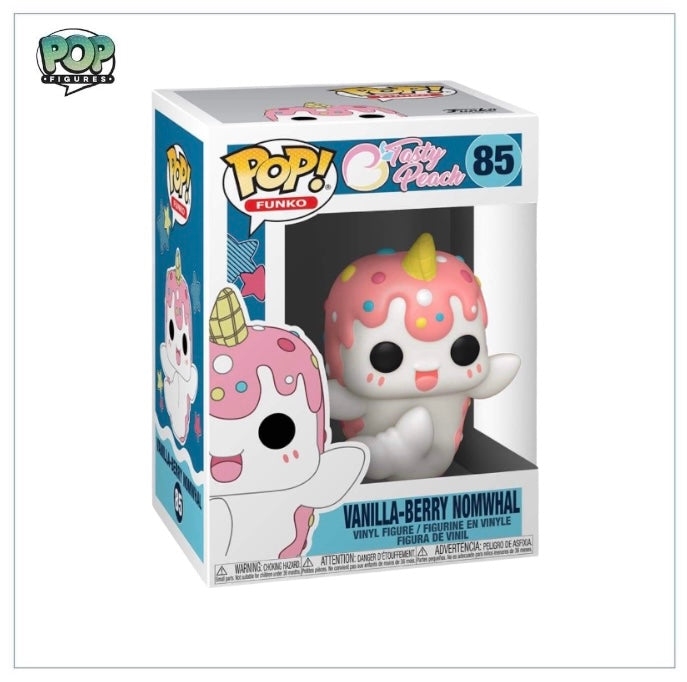 Vanilla-Berry Nomwhal #85 Funko Pop! features a cute whale with a vanilla and berry color scheme, holding a peach.