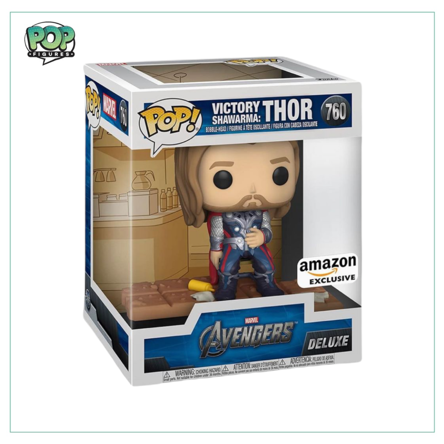 Funko Pop! Thor #760 from Avengers, featuring a stylized design, exclusive to Amazon, set against a colorful background.
