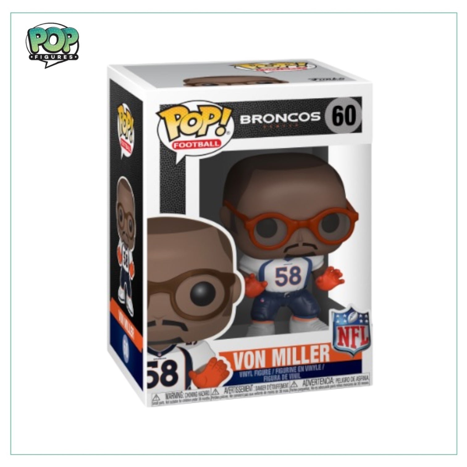 NFL Funko Pop! of Von Miller, #60, featuring detailed design and vibrant colors, capturing the essence of the player.