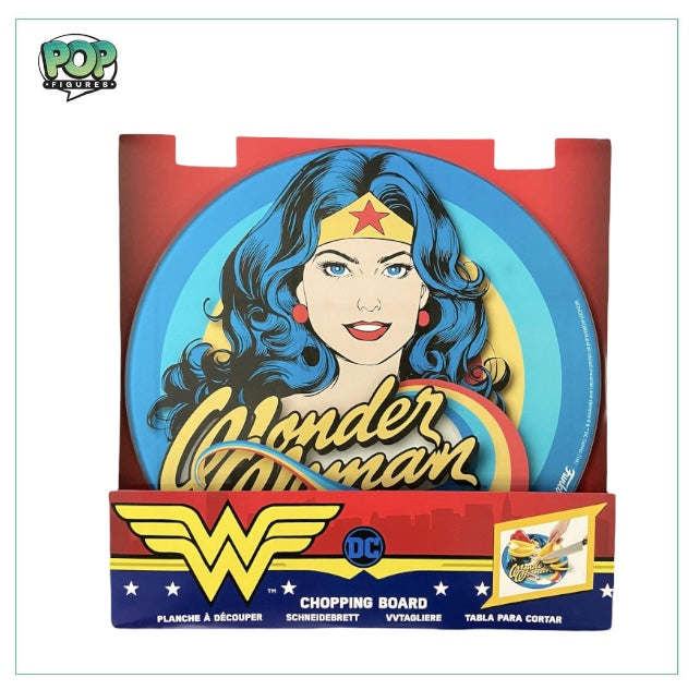 Colorful Wonder Woman rainbow glass chopping board featuring Funko's iconic design, perfect for kitchen use or display.