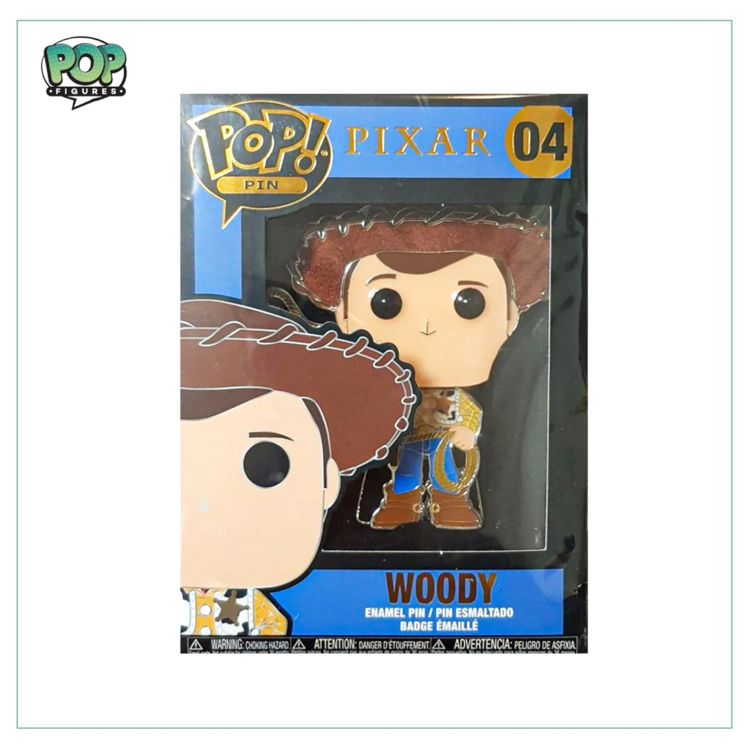 Woody Funko enamel pin from Disney Pixar, featuring the cowboy character with his signature hat and sheriff badge.