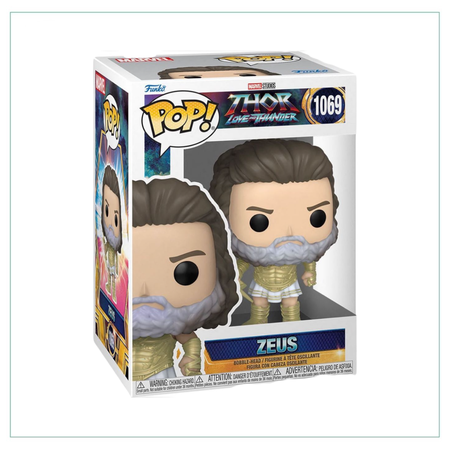 Zeus Funko Pop! from Thor: Love and Thunder, showcasing a stylized figure with intricate details and bright colors.