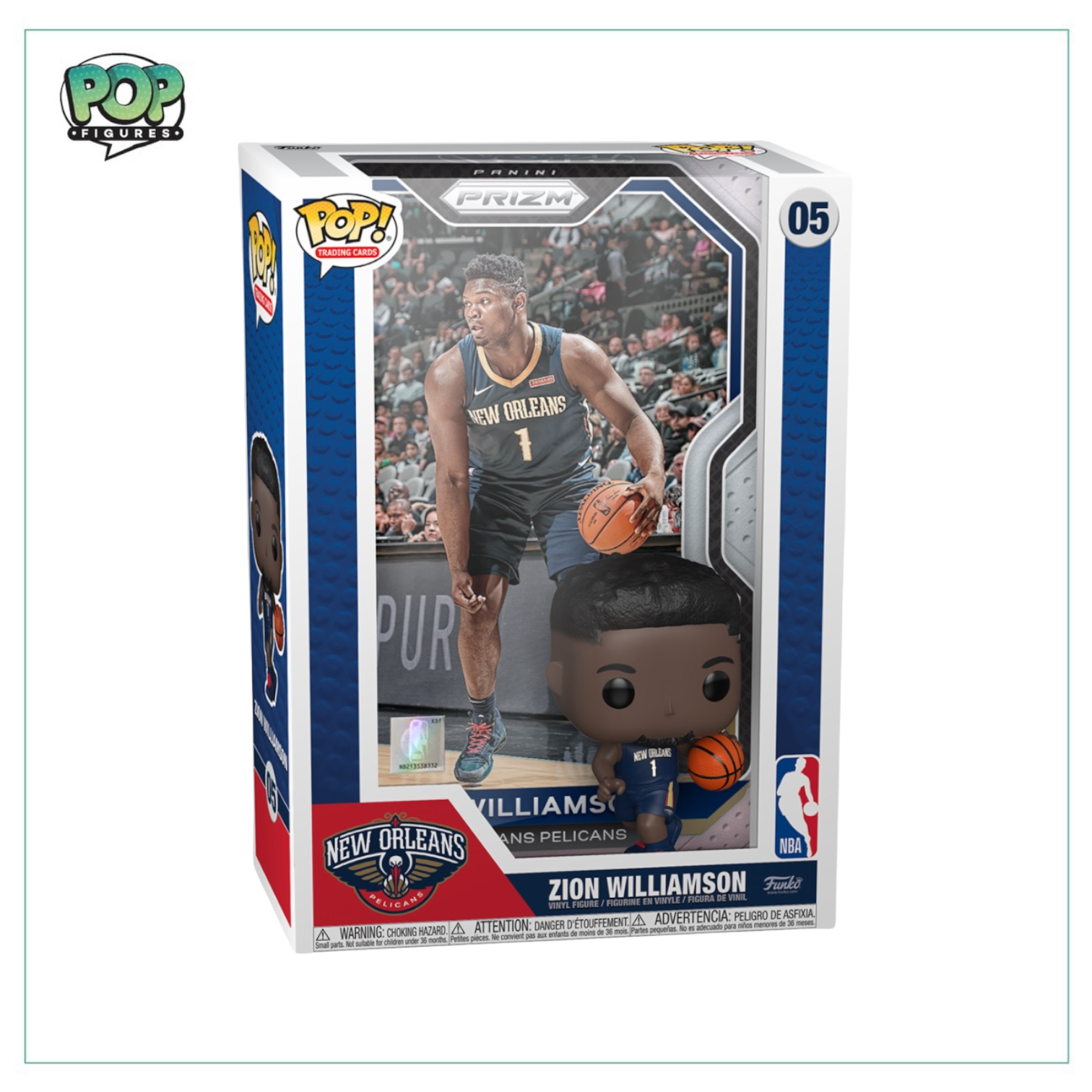 Funko Pop! of Zion Williamson #05, showcasing the basketball star in a collectible trading card design.