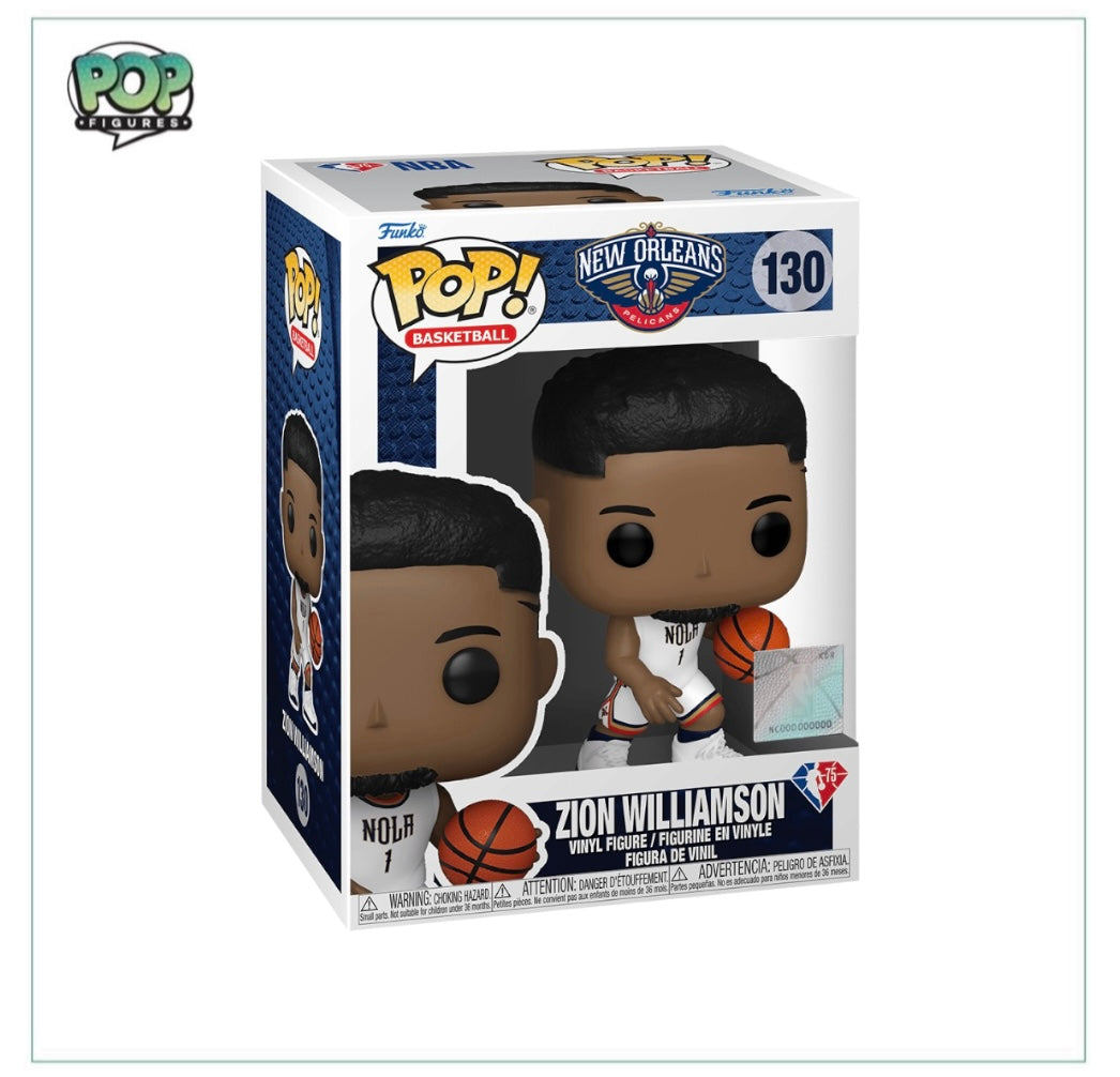Collectible Funko Pop! of Zion Williamson, #130, featuring the NBA player in a fun and vibrant style.