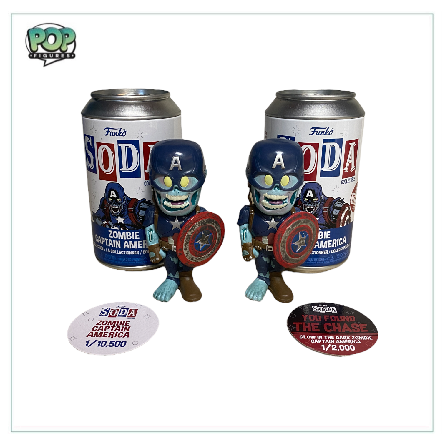 Pair of Zombie Captain America Funko Soda Vinyl Figures: Common and Glow Chase editions, showcasing unique designs.