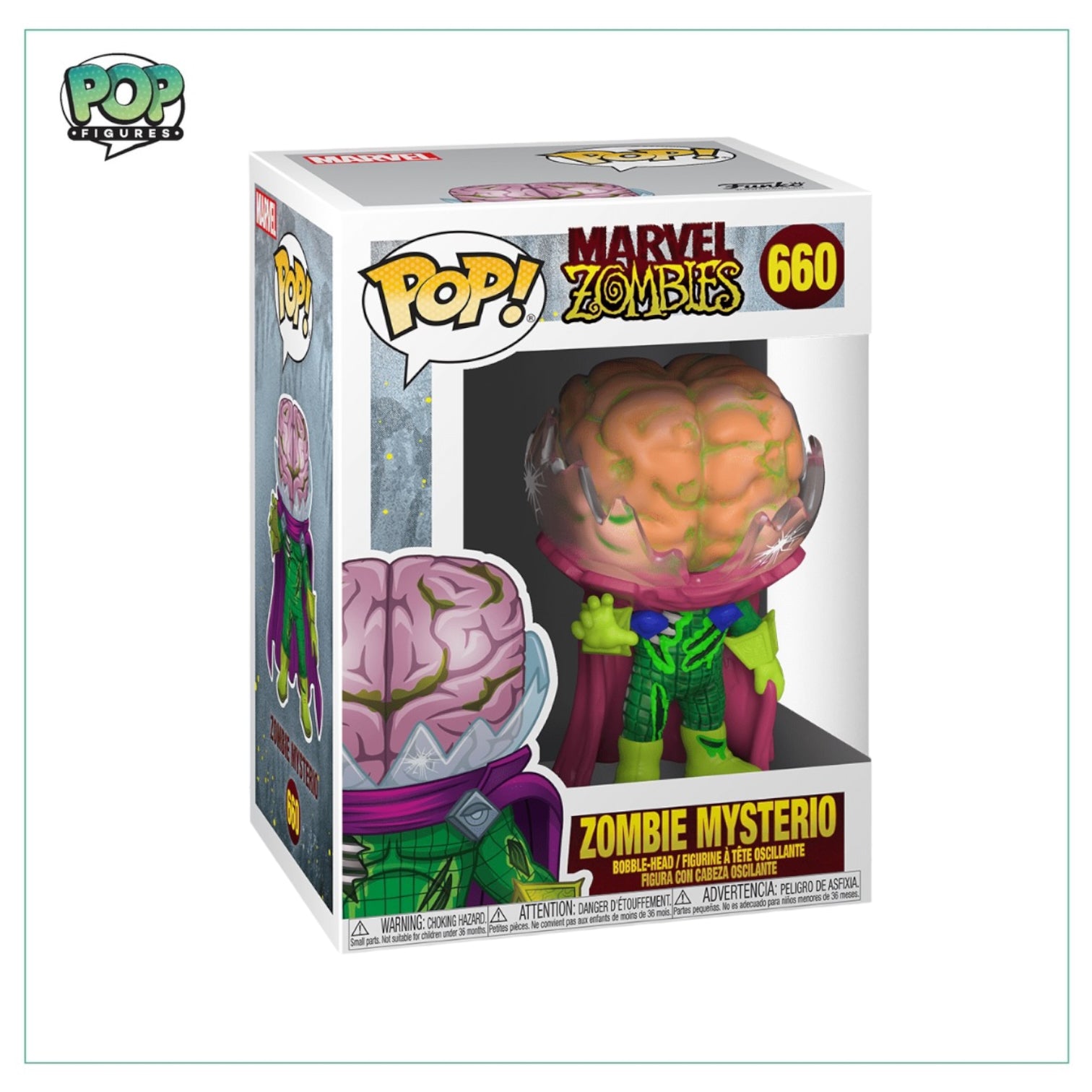 Funko Pop! figure of Zombie Mysterio #660 from Marvel, featuring a zombie version of the iconic character in vibrant colors.