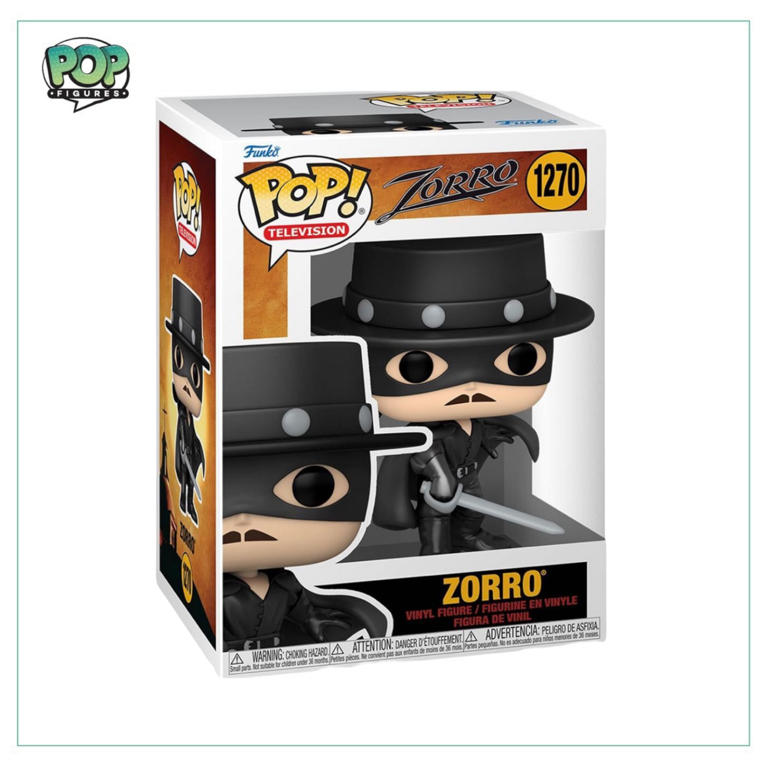 Funko Pop! figure of Zorro #1270, showcasing the iconic masked hero with his signature hat and sword.