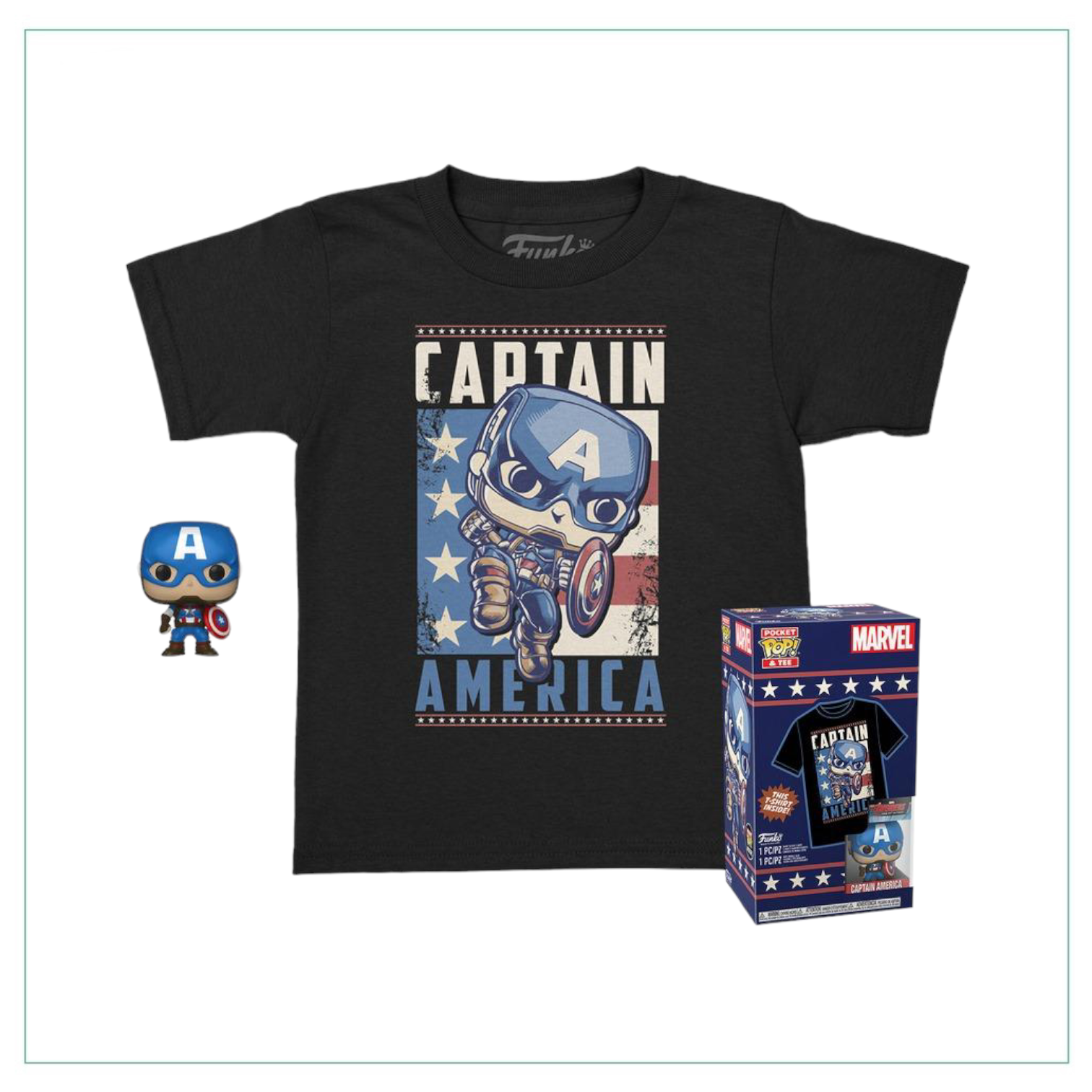 Marvel's Captain America Pocket POP! figure paired with a stylish tee showcasing the superhero's emblem.