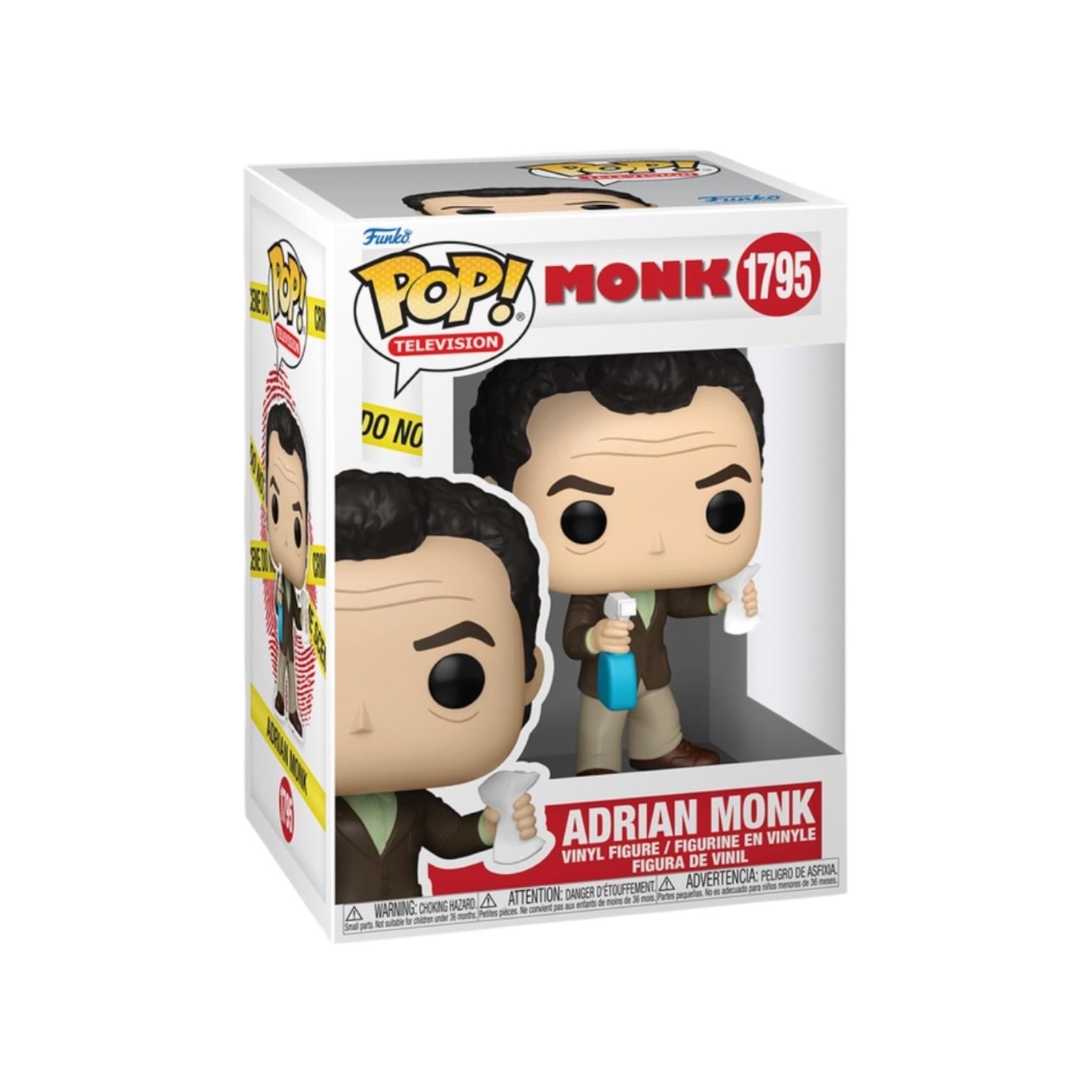 Funko Pop! vinyl figure packaging of Adrian Monk with box design and branding.