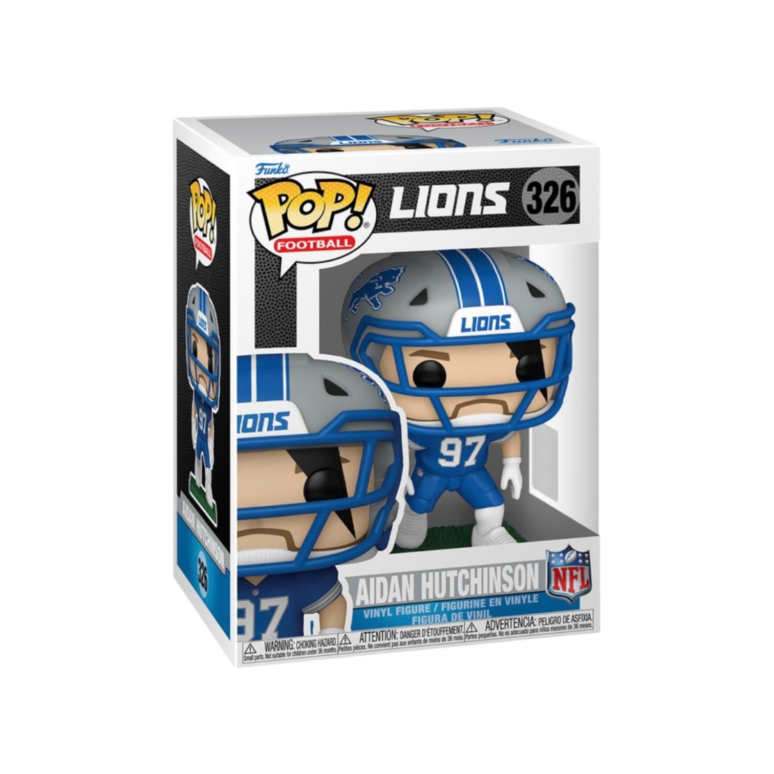 Funko Pop! vinyl figure packaging with helmet and jersey, featuring the Detroit Lions logo.