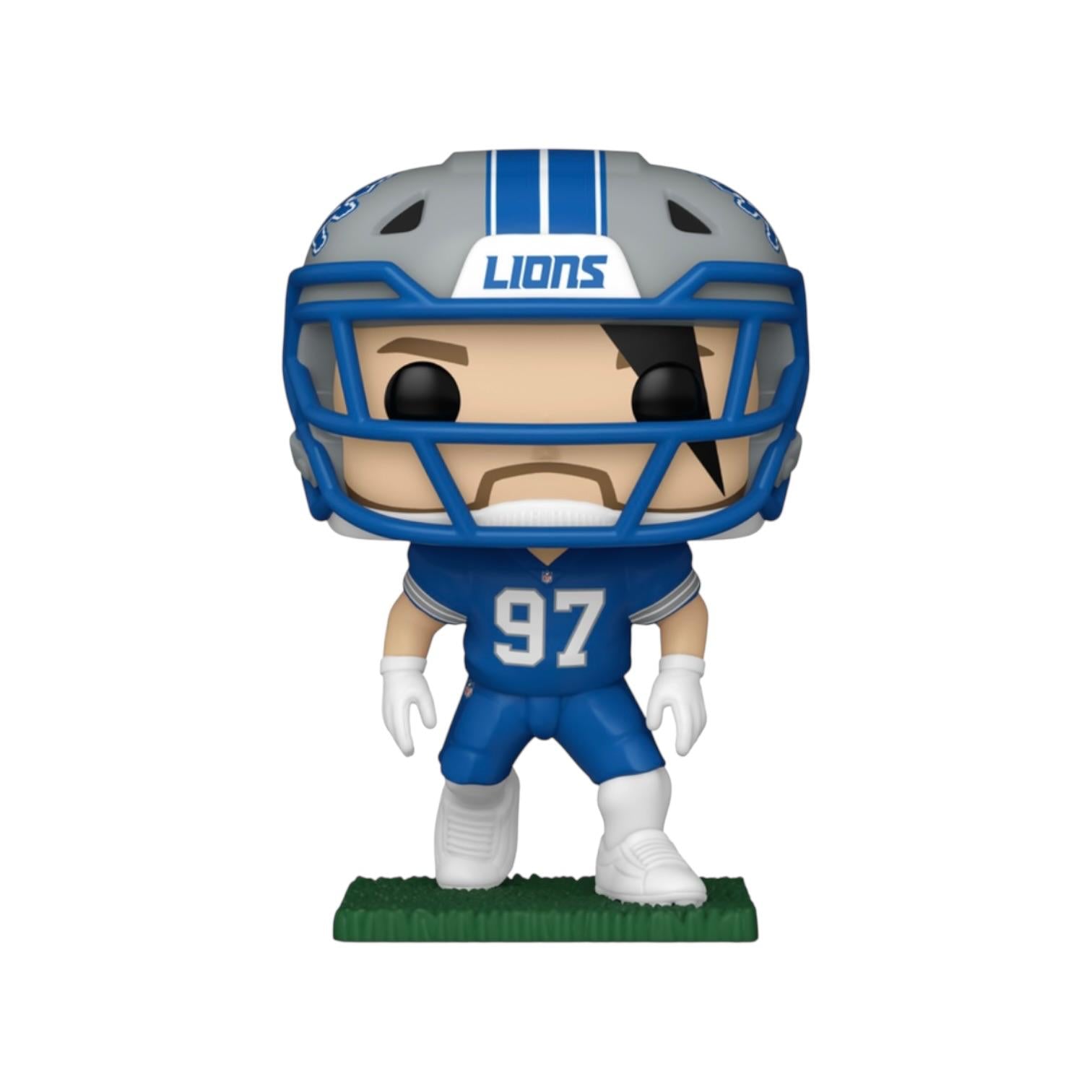 Figurine of a football player in a blue and gray uniform with helmet, number 97, on a white background.