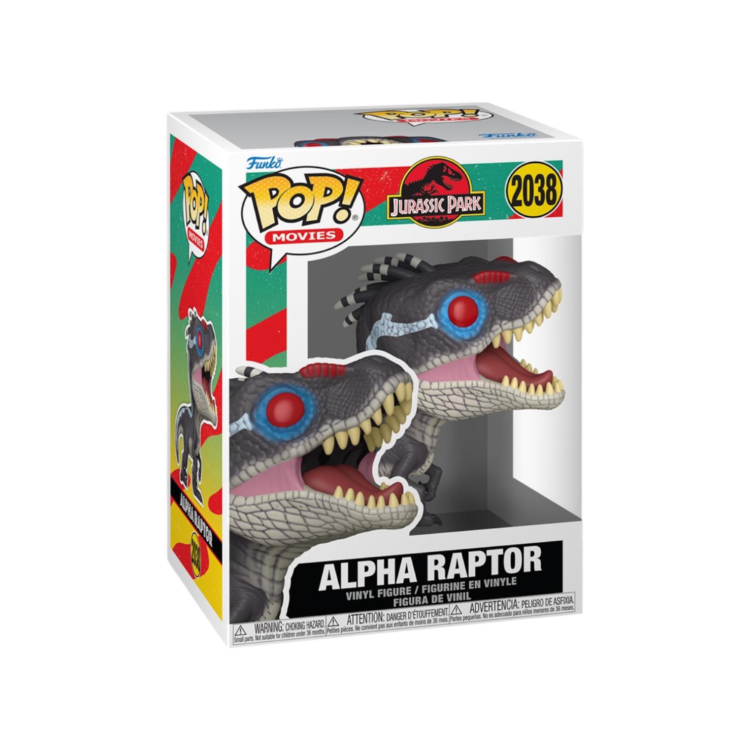 Funko Pop! Alpha Raptor figure packaging from Jurassic Park on a white background