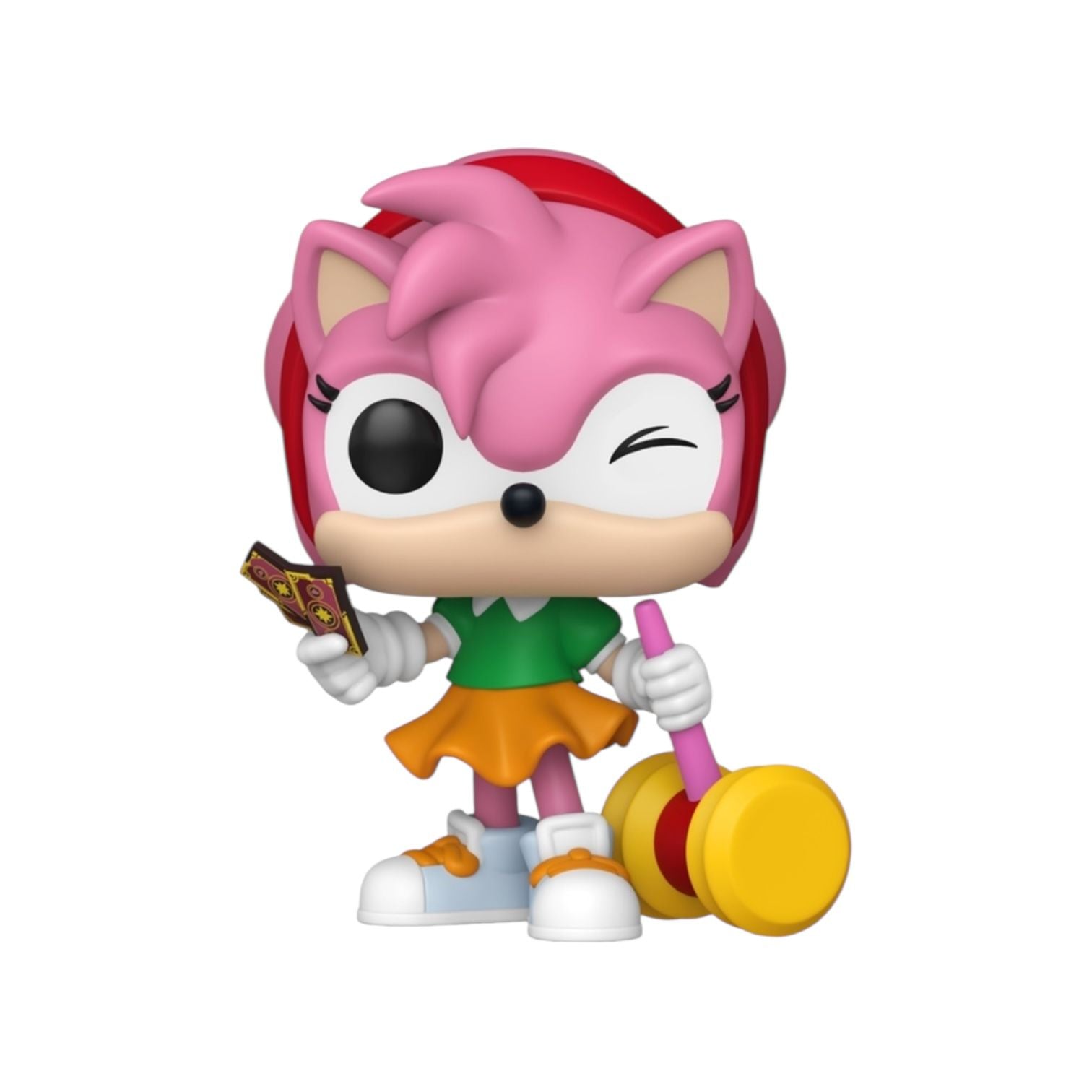 Colorful figurine of a character with pink hair and a yellow object on a white background