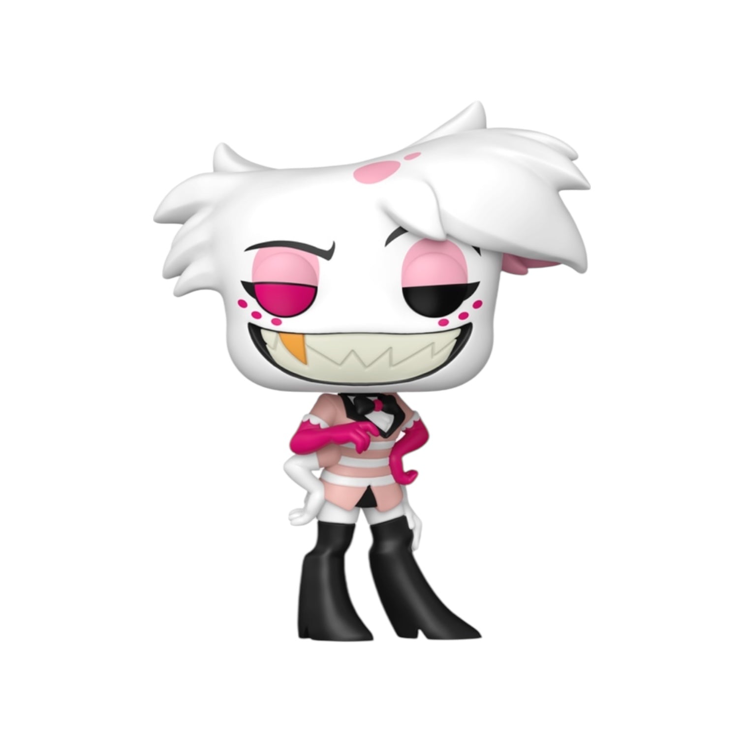 Animated character with white hair, pink eyes, and black outfit on a white background